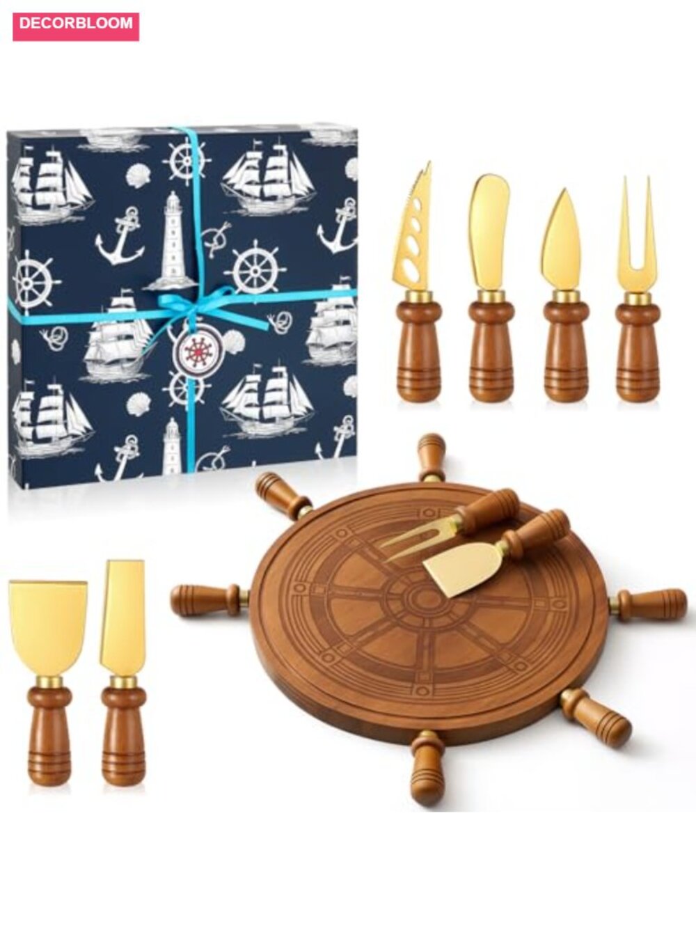Rudder Shaped Acacia Wood Charcuterie Board Set Nautical Cheese Serving